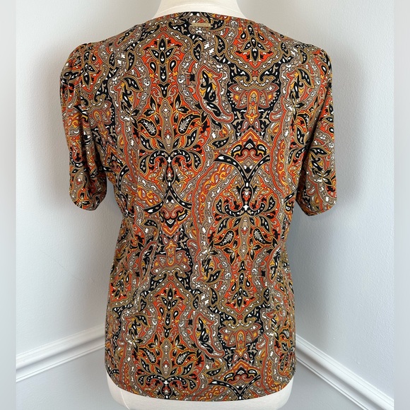 MICHAEL KORS Black, Beige & Orange Printed Gold Chain Petal Sleeve Top | Size XL - Picture 10 of 16